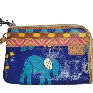 Vintage Fossil Key Per Leather Wristlet Wallet Elephant Boho Y2K